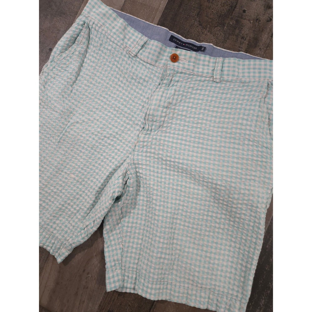 Tommy Hilfiger Seersucker Shorts Gingham Check Aqua Blue White Chino Men's 35